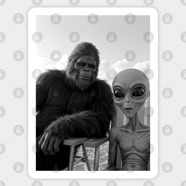Bigfoot and Alien Summer Time Sticker by Megadorim